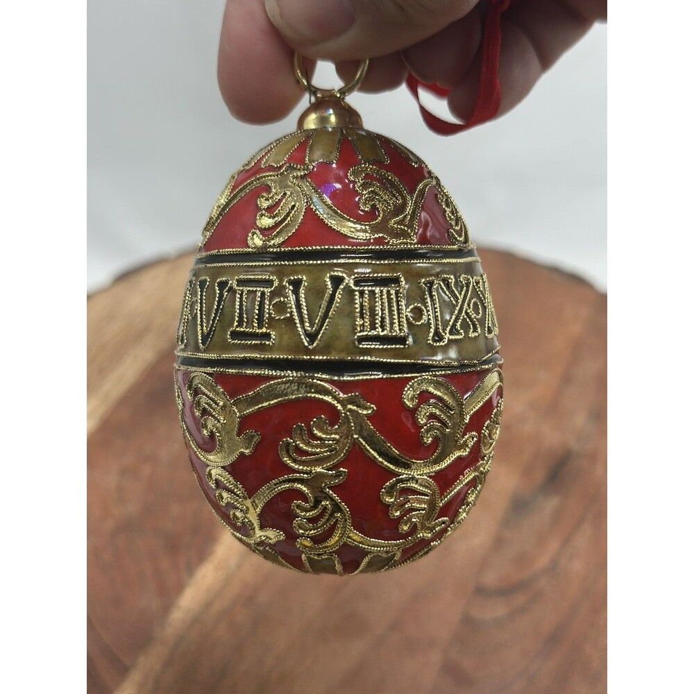 Pier 1 Cloisonné Ornament Red Enamel Brass Black Gold Roman Numerals